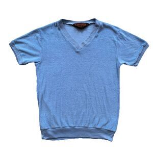 Hukapoo Velour Short Sleeve Shirt 70s Small Blue Tapered Fit Fuzzy V Neck Terry